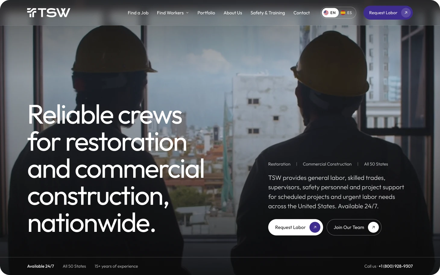 Site institucional da TSW Labor, empresa de equipes de construção e restauração nos Estados Unidos