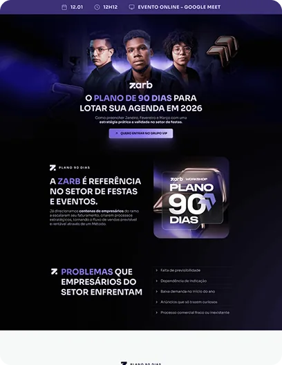 Landing page do workshop Zarb Plano 90 Dias